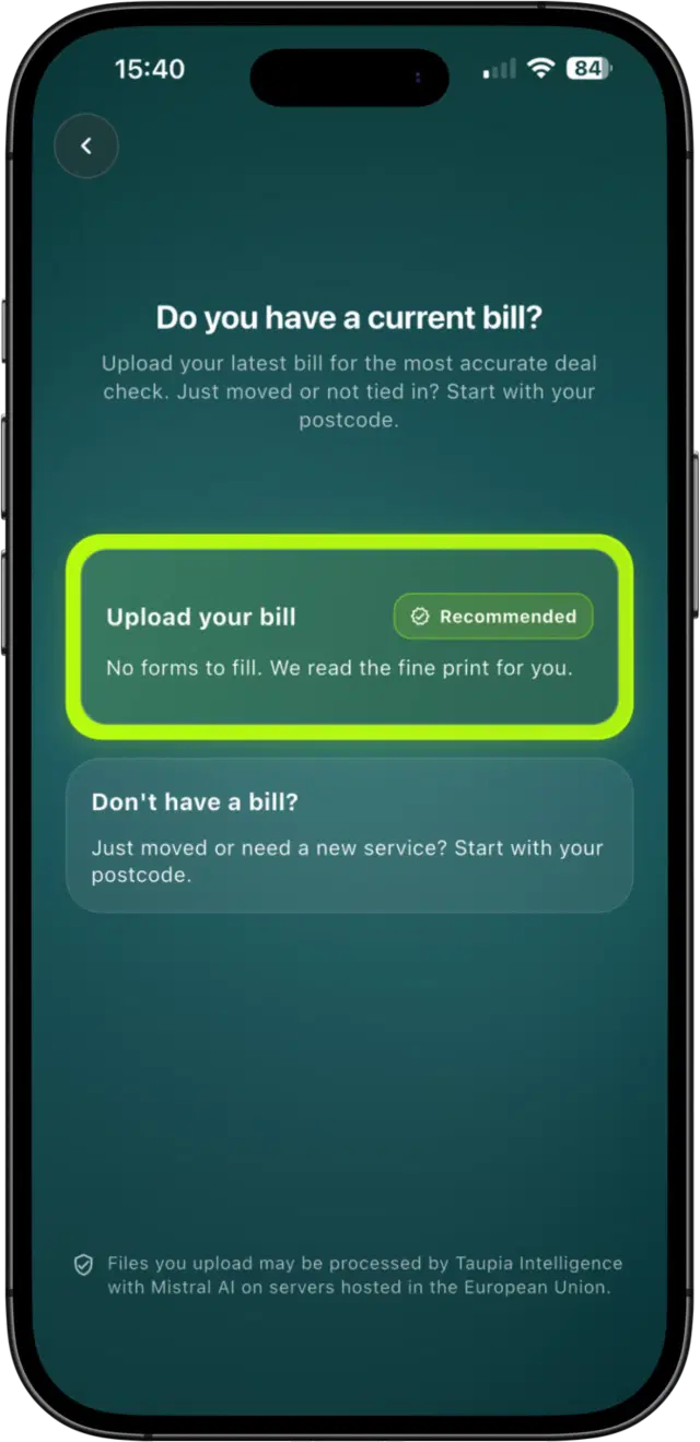 Mobile bill upload flow in Taupia