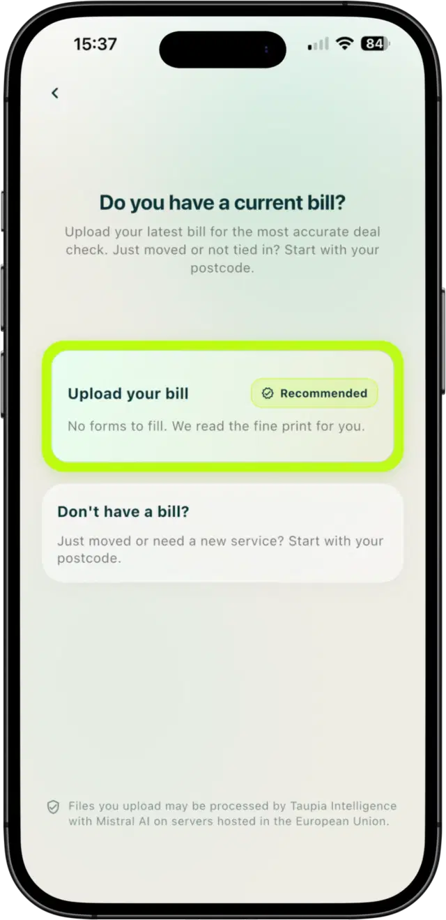 Mobile bill upload flow in Taupia