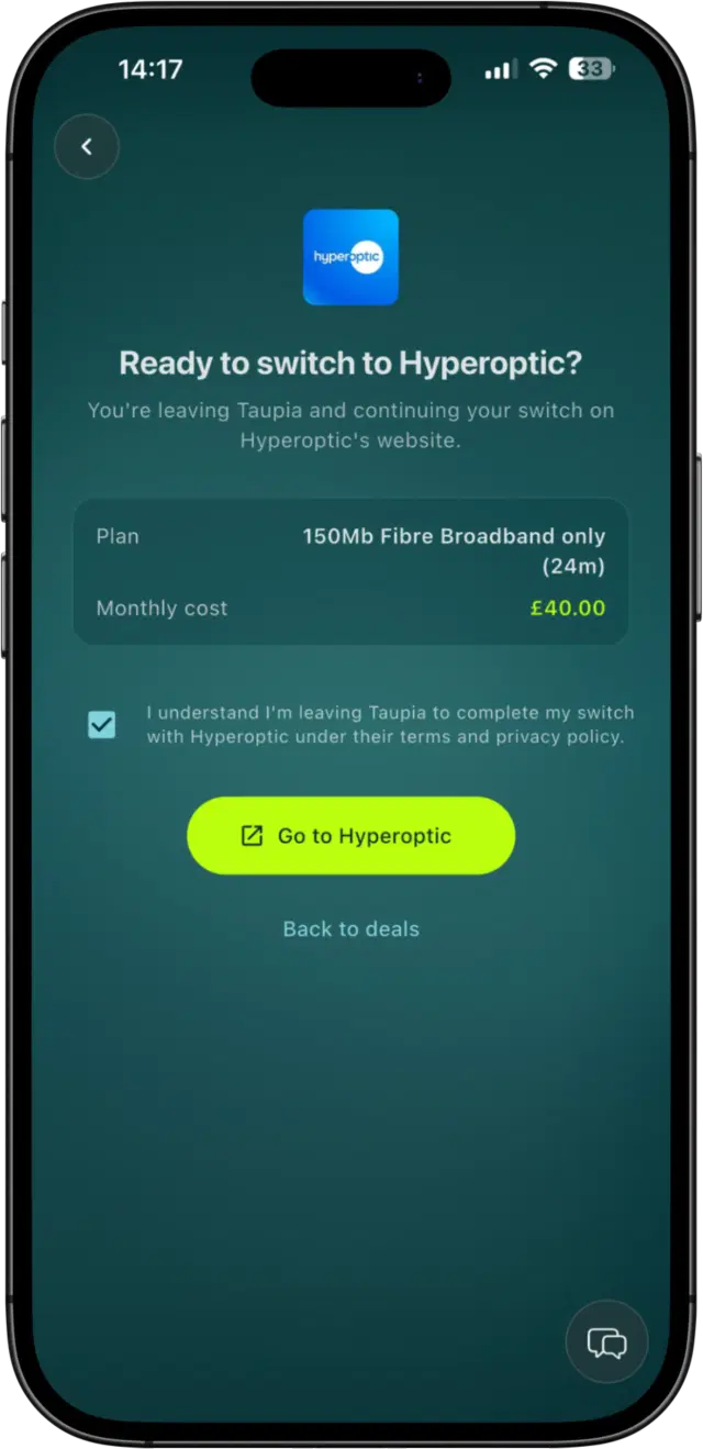 Taupia broadband switching screen