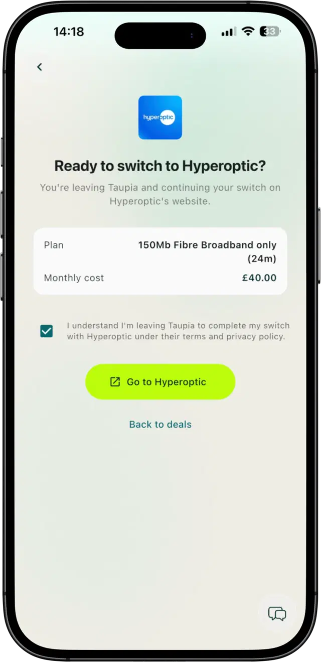Taupia broadband switching screen