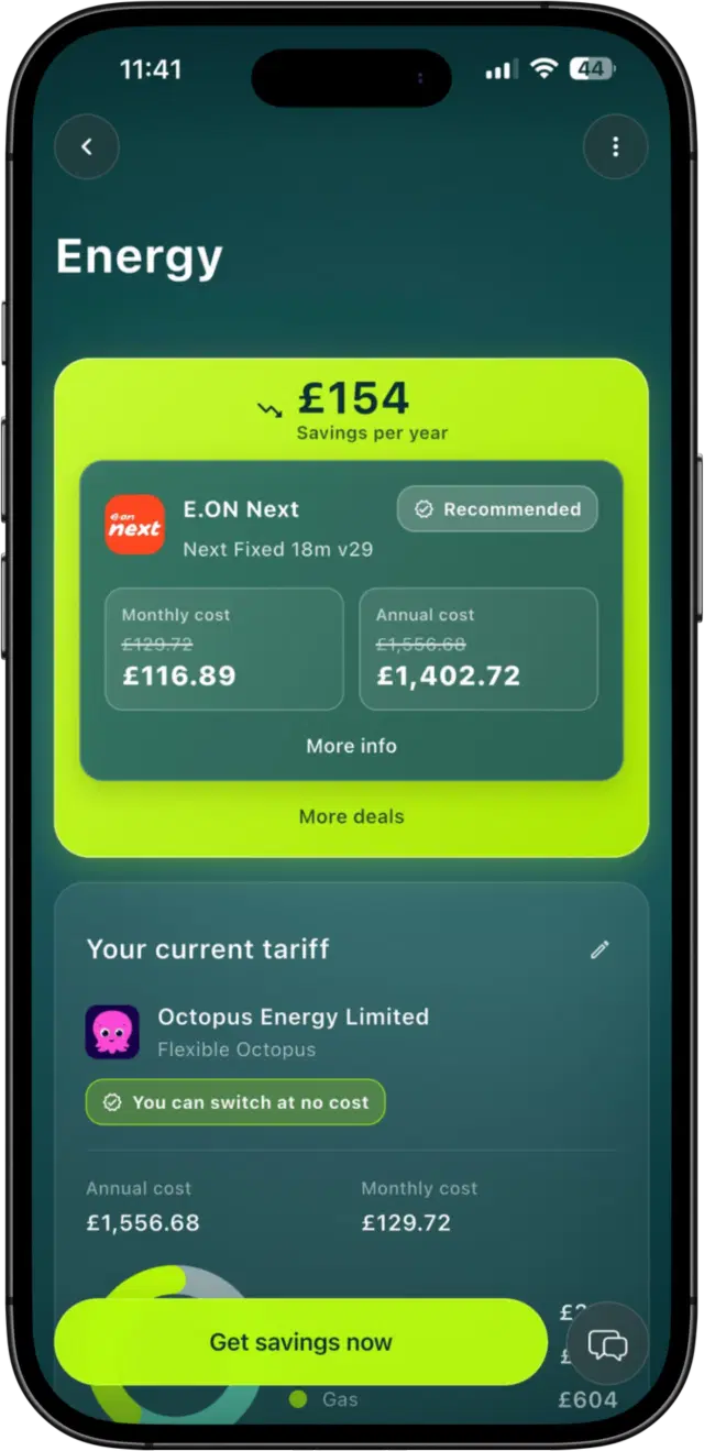 Savings dashboard showing projected annual savings