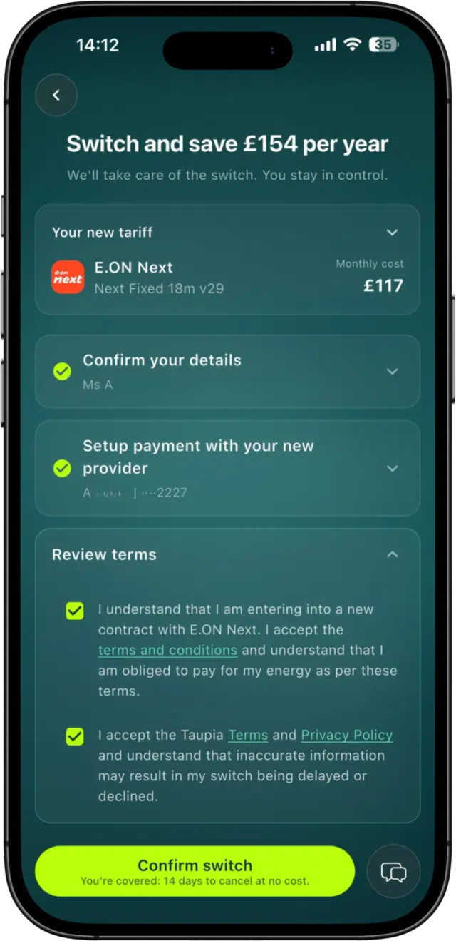 Taupia energy switching screen