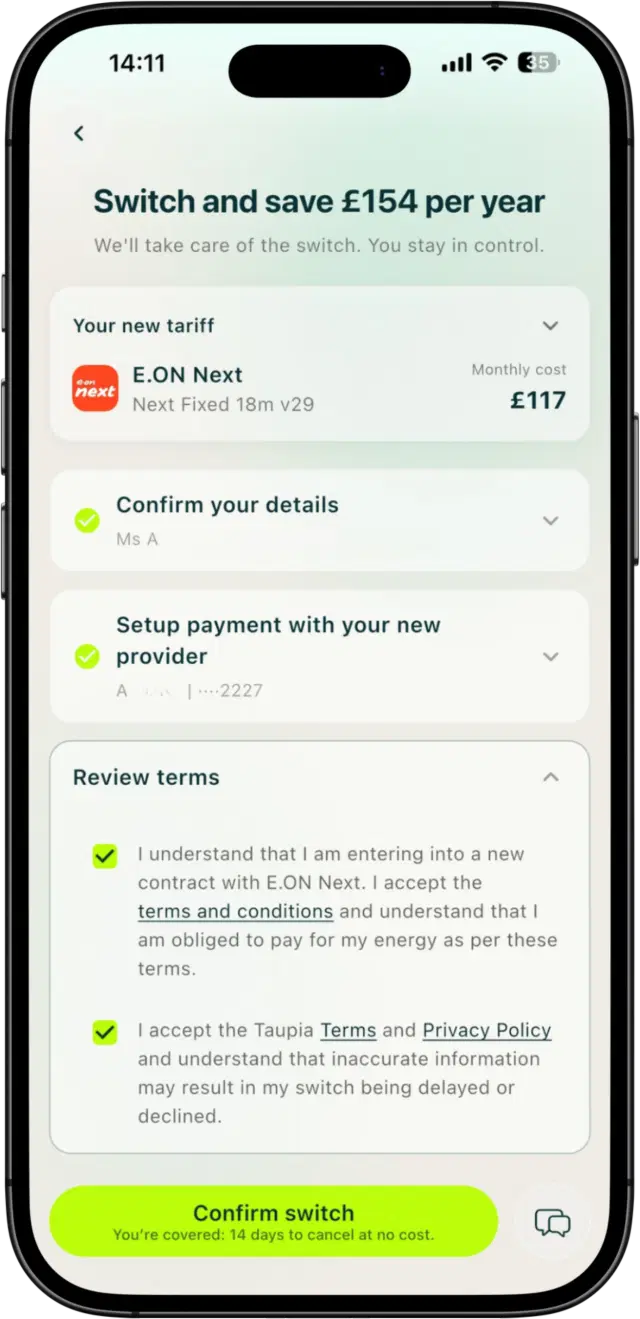 Taupia energy switching screen